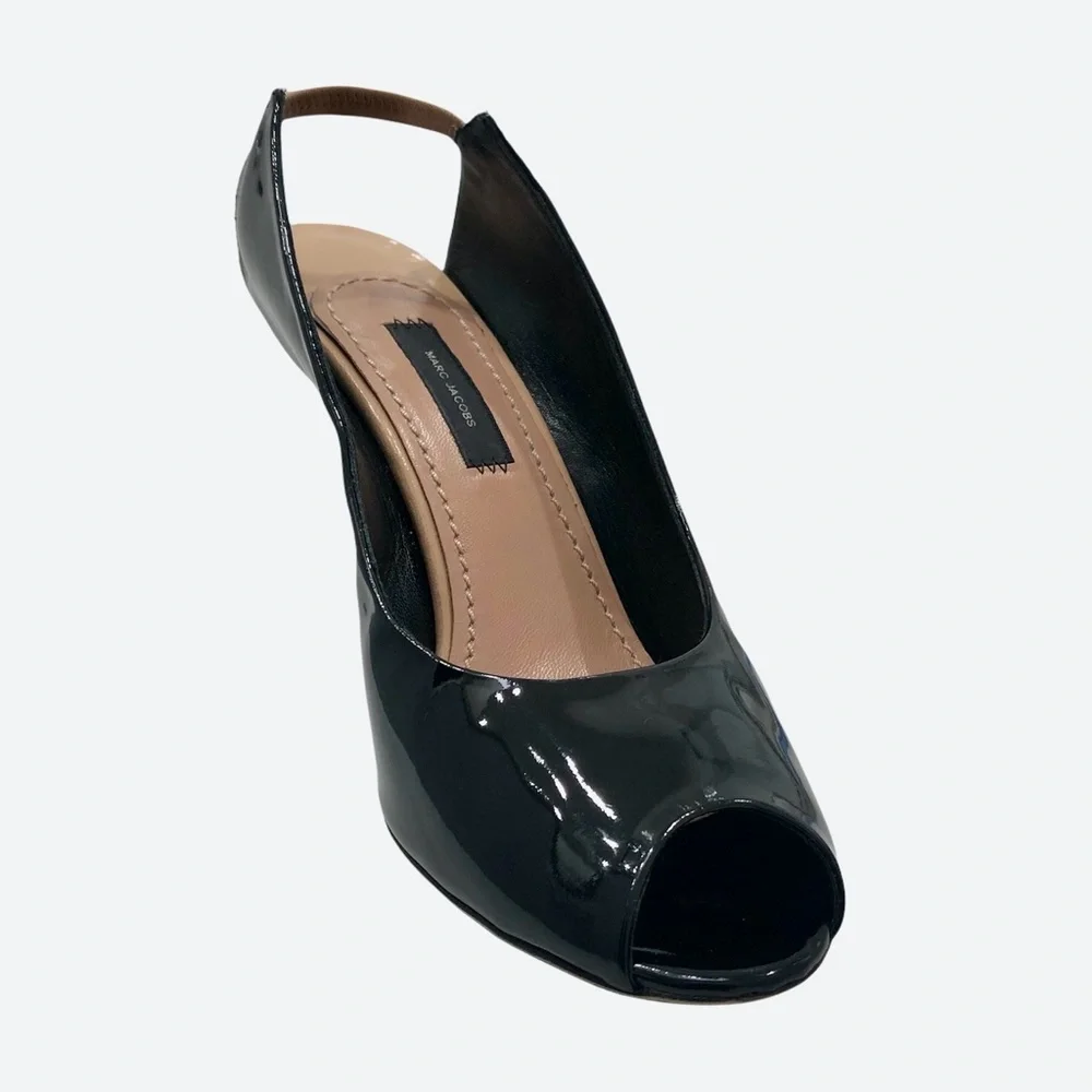 MARC JACOBS BLACK PATENT LEATHER PEEP TOE OPEN BEIGE HEEL STILETTOS HEELS